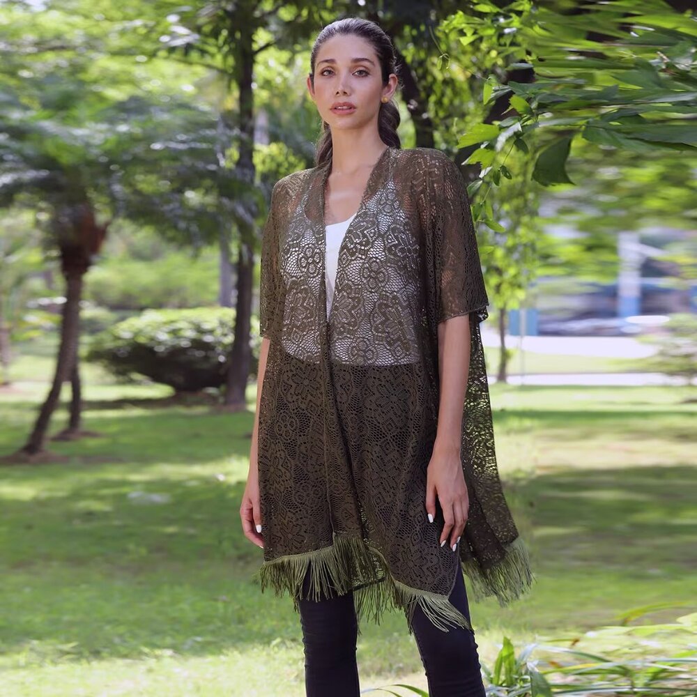 Jovie Forest Green Lace Kimono with Fine Fringe Hem (36 x 30) - NEW